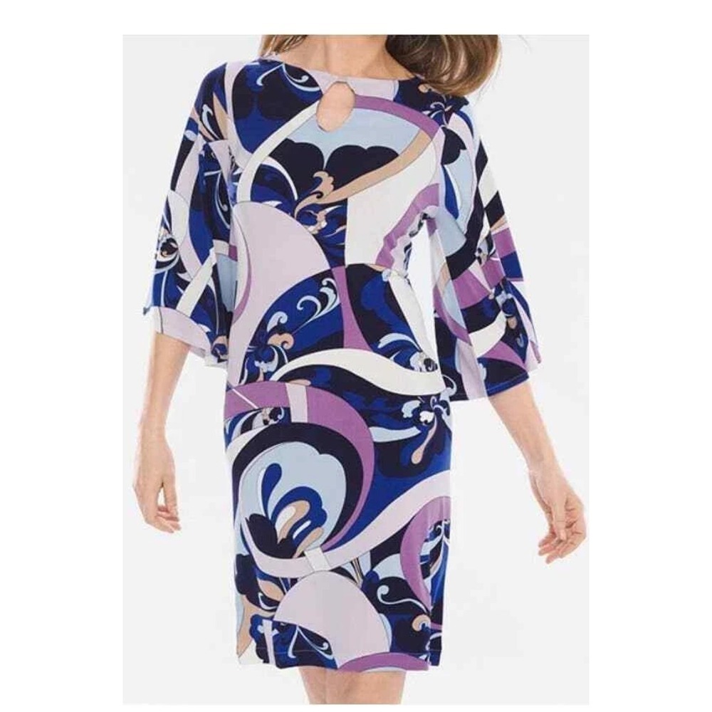 Chicos Women's Dress Size 0 Abstract Print Keyhole Neckline Bell Sleeve